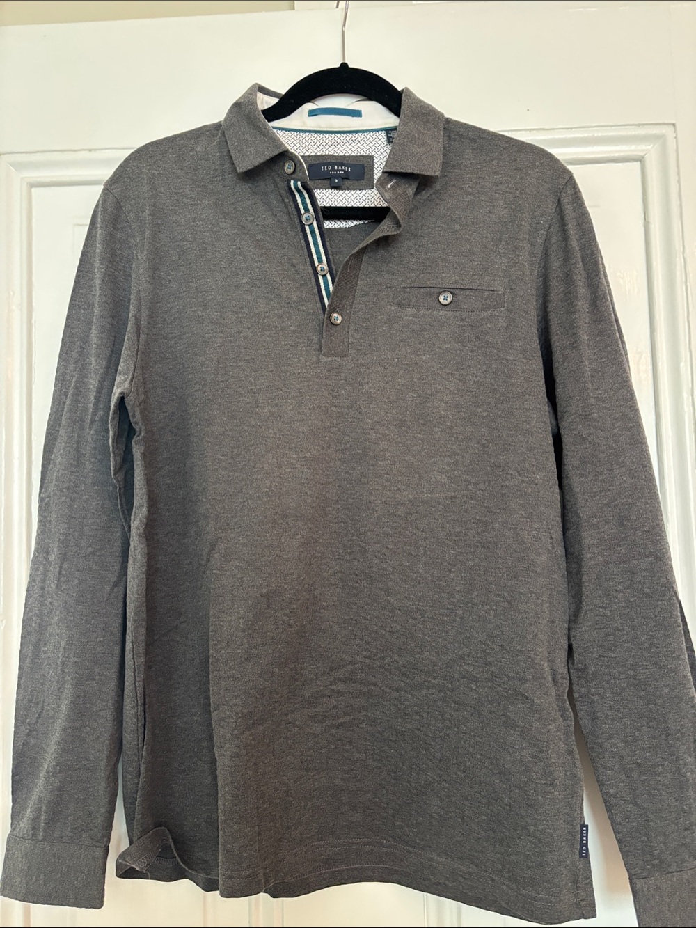 Ted Baker Men's Long Sleeve Charcoal Grey Polo with Contrast Placket